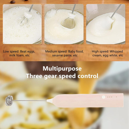 Handheld Milk Frother, Coffee Foam Maker USB Rechargeable Hand Drink Mixer 3 Speeds Electric Whisk Adjustable Hand Held Blender with 2 Heads for C...