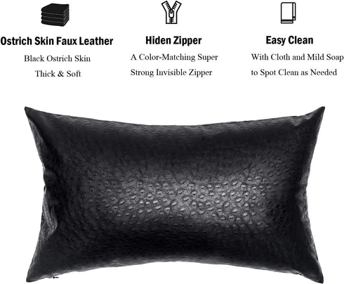 Black Ostrich Skin Faux Leather Pillow Cover - Sofa Cushion Case - Decorative Modern Throw Covers for Living Room & Bedroom - 12x20 Inches - Black...