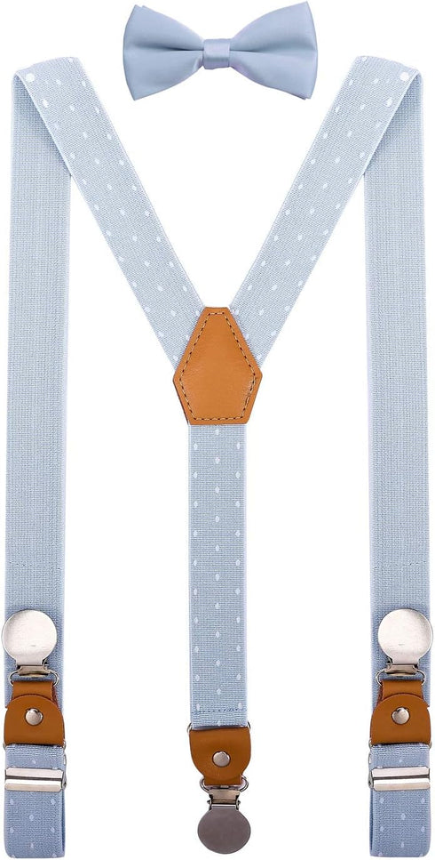 Men's Suspenders and Bow Tie Set Adjustable with Round Metal Clips 48" Blue White Polka Dot...
