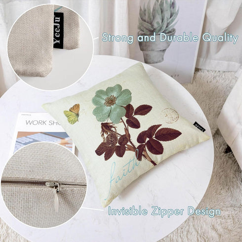 YeeJu Set of 4 Floral Decorative Throw Pillow Covers Plant Pillow Covers Cotton Linen Lotus Leaf Square Pillowcase Flower Outdoor Sofa Bedding Car...