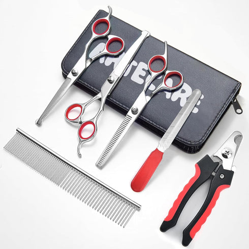 Multifunctional 7 in 1 Dog Grooming Scissors with Safety Round Tip, Stainless Steel Grooming Kit with Titanium Coating for Dogs and Cats at Home...