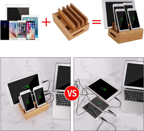 Bamboo Wood Multi-Device Desktop Dock Station Charger Holder Charging Cradle Charge Stand Compatible for iPhone 13 12 11 Pro Max XS XR X 8 7 Plus ...