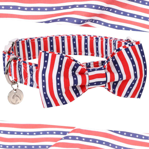 DOGWONG American Flag Dog Collar with Bowtie, Flag Cotton Dog Collar Comfortable Durable American Dog Collar - Memorial Day Collar for Small Mediu...