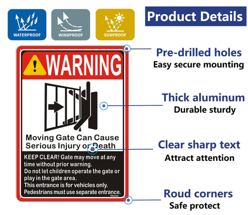 Moving Gate Sign Moving Gate Can Cause Serious Injury or Death Sign 10"x 7" Warning Door Safety Keep Clear Sign Metal Reflective Rust Free Aluminu...
