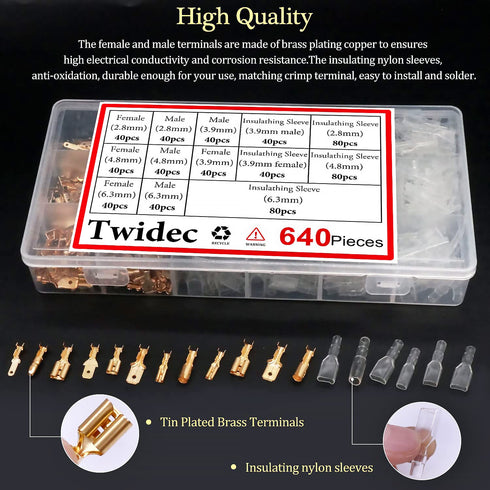 Twidec/640Pcs 2.8/4.8/6.3mm Quick Splice Male and Female Wire Spade Connector Crimp Terminal & Bullet Connectors Terminals Crimp Block Kit Golden ...