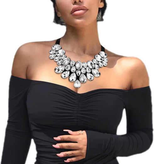 Flyonce Rhinestone Statement Necklace Chunky Choker Crystal Costume Jewelry for Women Clear Black-Tone...