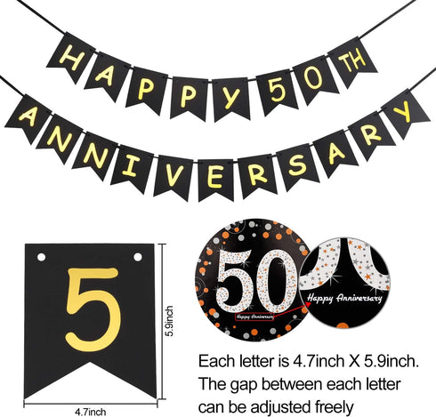 50th Wedding Anniversary Decorations Kit - Gold Glitter Happy 50th Banner / Sparkling 50 Hanging Swirls / Poms...