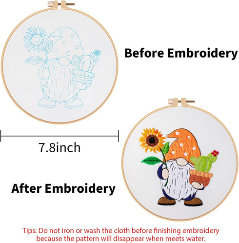 Nuberlic Sunflower Embroidery Kit for Beginners, Full Set of Stamped Gnome Cross Stitch Kit for Adults Including Embroidery Threads, Hoops and Ins...