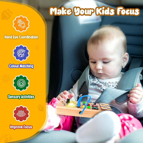 montessori toddler busy board, baby wooden busy board with 8 LED light switches, sensory toys light switch toys travel toys for 1+ year old baby a...