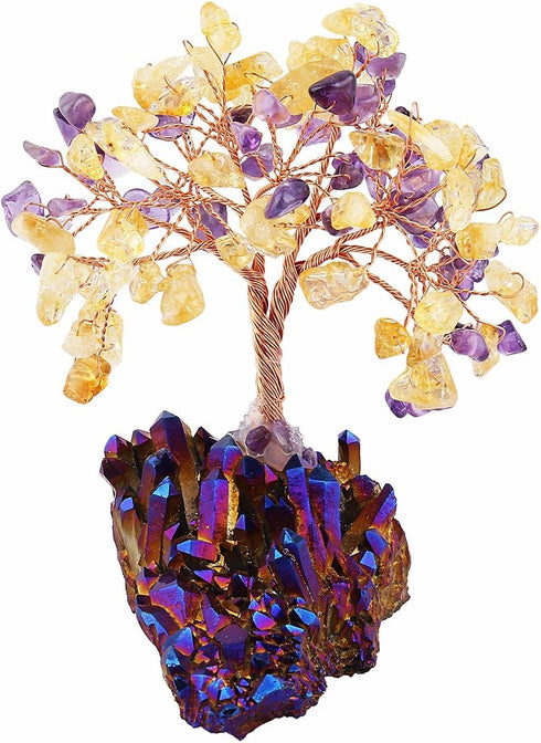 mookaitedecor Citrine & Amethyst Crystal Tree, Quartz Cluster Purple Titanium Crystals Base Bonsai Money Tree for Wealth and Luck...