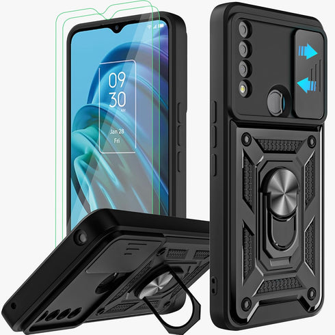 for TCL 30 XE 5G Phone Case(Not Fit TCL 30 XL), with Slide Camera Cover and 2pcs HD Screen Protector, 360° Rotation Ring Kickstand [Military Grade...