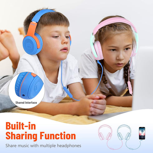 rockpapa Share 1 Kids Headphones Wired with Microphone & Share Port, 85dB/94dB Volume Limited, Cute Foldable Student Child Boys Girls Headphones f...