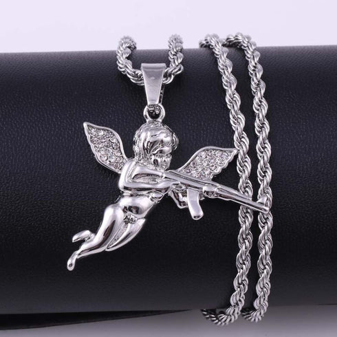 Gold Angel Necklace Gun Necklace Pendant Chain,Cubic Zirconia Mens Angel Wings Necklace Choker,Sparkled Cupid Chain Stainless Steel Hip Hop Jewelr...