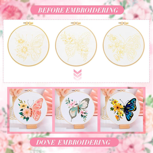 6 Set Butterfly Embroidery Kit Butterfly and Flower Cross Stitch Set Embroidery Kits for Adults with Patterns Instructions Embroidery Hoops Thread...
