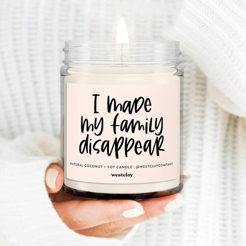 I Made My Family Disappear Candle | West Clay Company | Evergreen + Snow Scented Soy Coconut Wax Nontoxic Candles | Festive Christmas Holiday Deco...