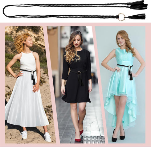 Women's Tassel Braided Waist Belt, Skinny Handwoven Belt with Ring for Dress Waist Belt...
