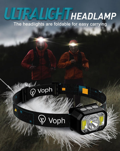 Head Lamp 2 Pack, 1200 Lumens USB Type-C Motion Sensor Rechargeable Headlamp, 6 Modes Ultra-Light Headlamp with Red Light, Waterproof Led Headlamp...