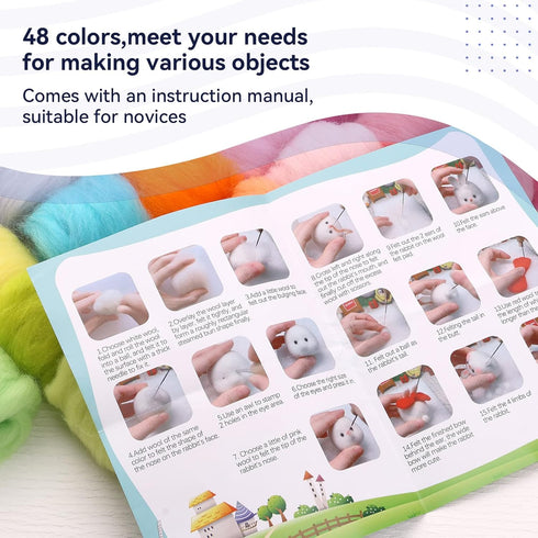JUPEAN Needle Felting Wool, Roving Wool, Needle Felting Starter Kit for Beginner - 48 Colors Wool Roving Yarn with 2-Layer Transparent Storage Box...