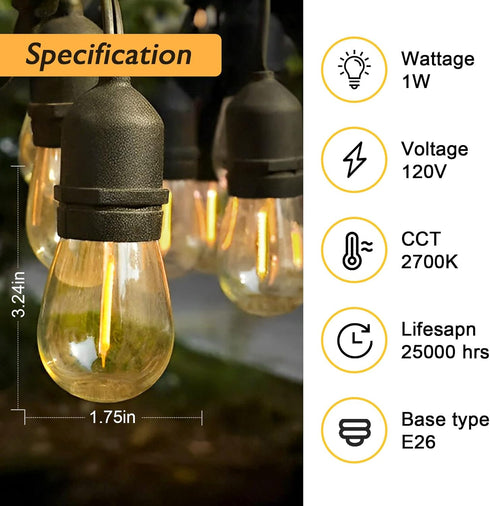 Jslinter S14 LED Bulbs, 25-Pack, 1W Energy-Efficient Outdoor String Lights, 2700K Warm White, Durable & Waterproof, E26 Base, Edison Vintage Ambia...