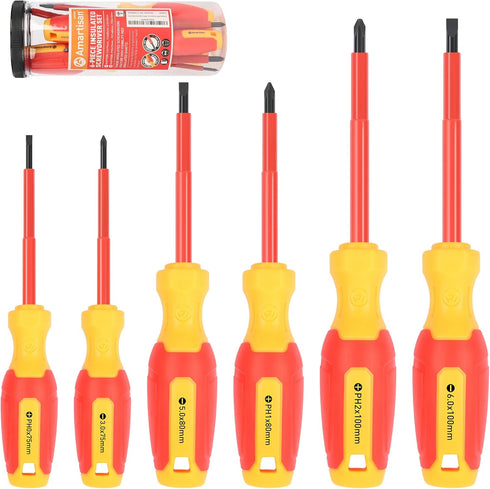 Amartisan 1000V Insulated Electrician Screwdriver Set 6-Piece, 3 Phillips and 3 Slotted Tips Professional Cushion Grip Screwdriver Set...