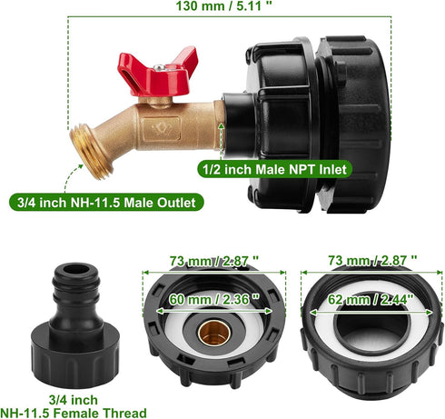 WADEO IBC Tote Adapter, 2.44" Fine Thread Adapter for 275-330 Gallon IBC Tote Tank - Solid Brass Water Shut-Off Valve Faucet (1/2" Male NPT Inlet ...
