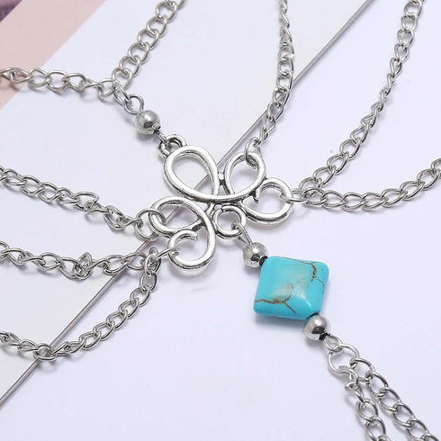 Boho Layered Turquoise Ankle Silver Tassel Barefoot Sandals Bracelet Toe Ring Foot Anklets Summer Beach Anklet Bracelet Foot Chain Jewelry for Wom...