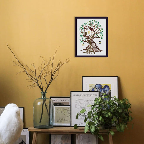 FINGERINSPIRE Tree House Stencil for Painting 11.7x8.3 inch Hollow Out Tree of Life Drawing Stencils Reusable Plastic Log Cabin Staircase Lantern ...
