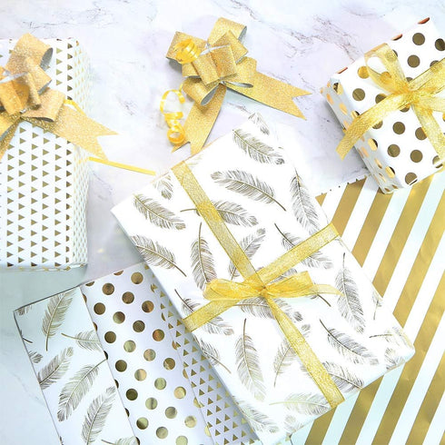 Gift Wrapping Supplies,8 Sheets White Gold Gift Wrapping Paper with 10 Pull Bows 24 Yard Glitter Ribbon and 12 Thank You Lable Sticker for Birthda...