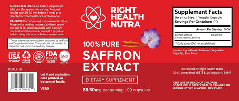 Saffron Extract 88.50mg - 90 Capsules - 100% Pure Saffron Supplements - Saffron Capsules - Saffron Supplements - Improves Mood - Saffron Pills for...