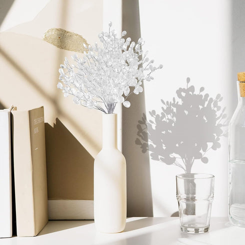 Kisangel White Artificial Flowers 50Pcs Artificial Flower Stem with Crystal Acrylic Bead Drop Pearl Sticks Beaded String Bridal Bouquet Picks for ...