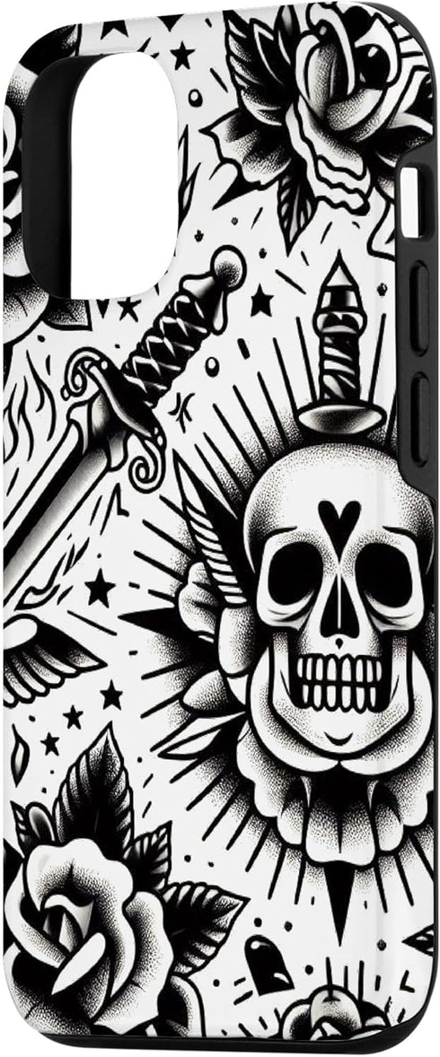 iPhone 15 Skull and Rose Old School Tattoo Style, American Traditional Case...
