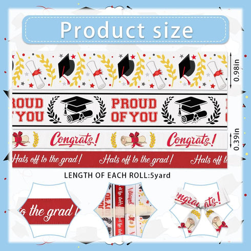 4 Pieces Graduation Ribbons, White Red Caps Diploma Congrats Words Grosgrain Decor Ribbons 5 Yards, Graduation Party Ribbon for Graduation Ceremon...