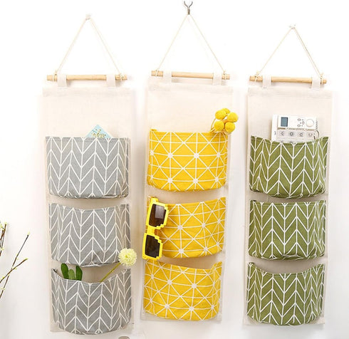 3Pcs Wall Hanging Storage Bag, Creatiee Waterproof Over The Door Closet Organizer Linen Farbric Hanging Pocket Organizer with 3 Remote-Sized Width...