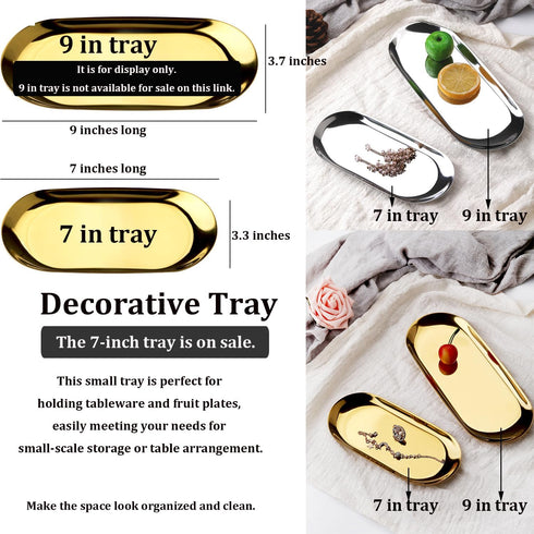 Stainless Steel Decorative Tray, Set of 2, 7 Inch Long, Jewelry Dish Cosmetics Organizer Bathroom Clutter Serving Platter Small Storage Tray, Oval...