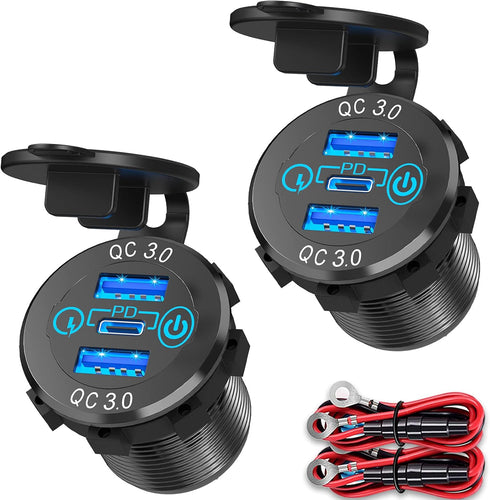 12V USB C Car Charger Socket 2 Pack, Qidoe 56W Aluminum Socket 12V USB Outlet 20W PD3.0 USB-C and Dual QC3.0 Ports with Touch Switch Waterproof DI...