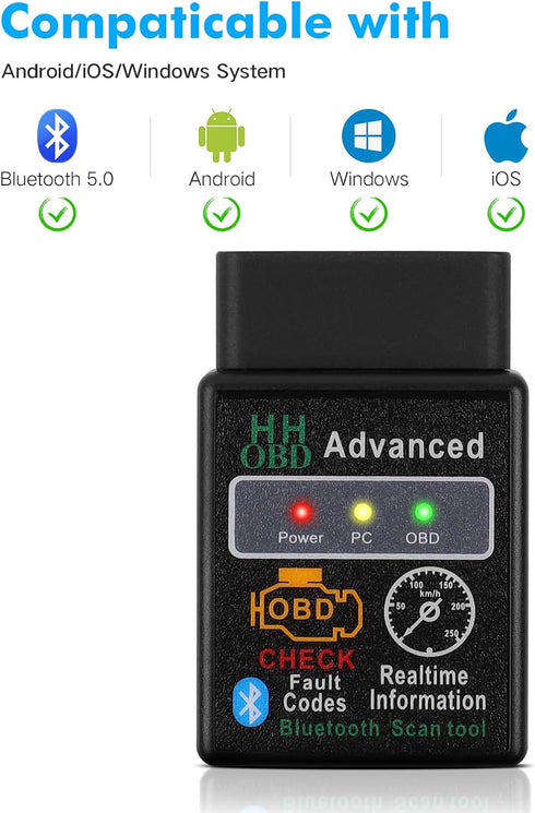 Bluetooth OBD2 Scanner Adapter, Wireless Diagnostic Code Reader OBD II Scan Tool Reset & Clear Check Car Engine Light, Compatible with iOS& Androi...
