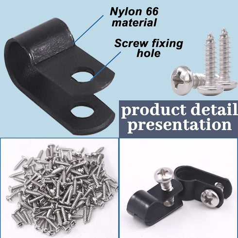 Glarks 120Pcs 1/4 Inch Black Nylon Screw Mounting R-Type Cable Clip Wire Clamp with 120Pcs Screws for Wire, Cable, Conduit and Cable Conduit Kit (...