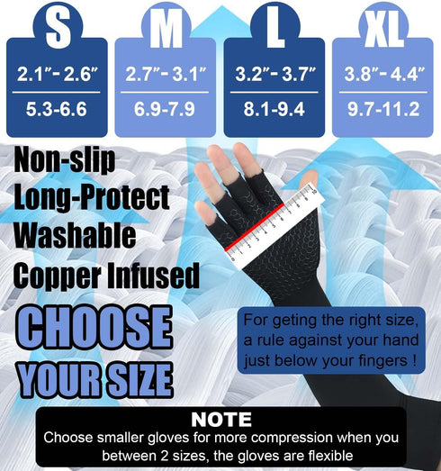 Long Copper Arthritis Gloves for Carpal Tunnel, Compression Gloves for Hand Pain Relief, Wrist Arm Support, Fingerless Typing Gloves for Rheumatoi...