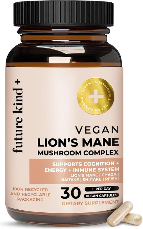 Future Kind Vegan Lion's Mane Mushroom Complex Brain Supplement - (30ct) Lions Mane Supplement Capsules with Chaga, Maitake, Shiitake and Reishi -...