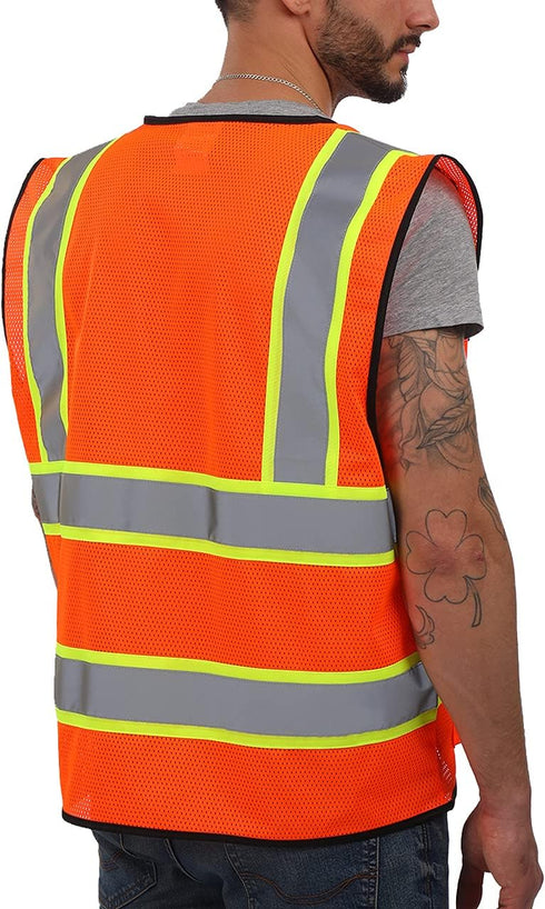 Reflective Mesh Vest High Visibility Two Tone with Pockets and Zipper, ANSI Class 2 Compliant, Orange Mesh with Yellow Trim S...