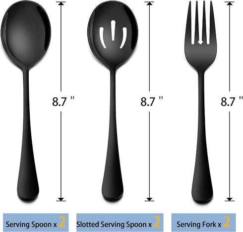 Homikit Stainless Steel 2 Black Serving Spoons, 2 Black Slotted Serving Spoons, 2 Black Serving Forks, Metal Buffet Party Banquet Restaurant Cater...
