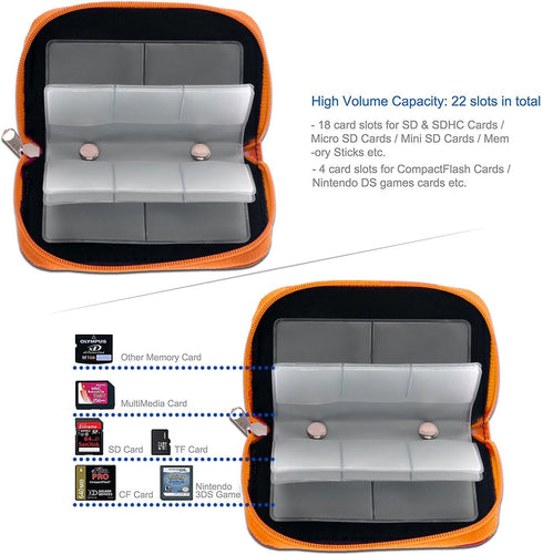 Memory Card Case - Carrying Case Suitable for Micro SD, Mini SD and 4X CF, Card Holder Bag Wallet for Media Storage Organization (Orange)...