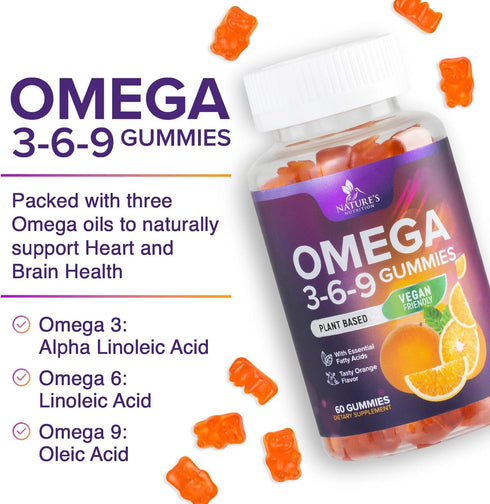 Omega 3 6 9 Vegan Gummies - Triple Strength Omega 3 Supplement Essential Oil Gummy - Omega 369 Heart Support and Brain Support for Women, Men & Pr...