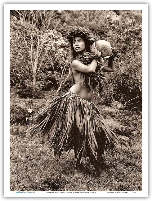 Hawaiian Hula Dancer Ipu (Gourd Drum) IV - Vintage B&W Photograph by Alan Houghton c.1960s - Master Art Print (Unframed) 9in x 12in...