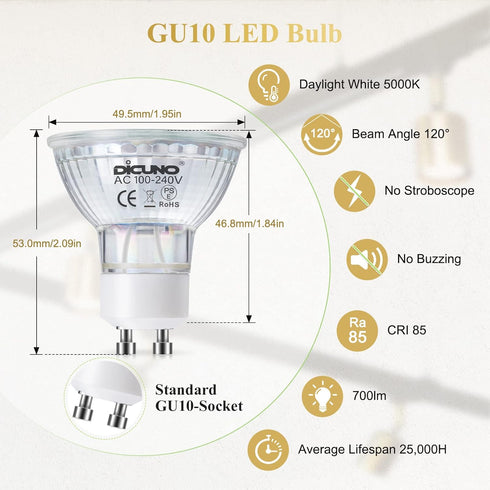 DiCUNO GU10 LED Light Bulbs, 6W 60W Halogen Replacement, Bright Daylight White 5000K, 700LM, Full Glass Cover 120 Degree Beam Angle 120V MR16 GU10...