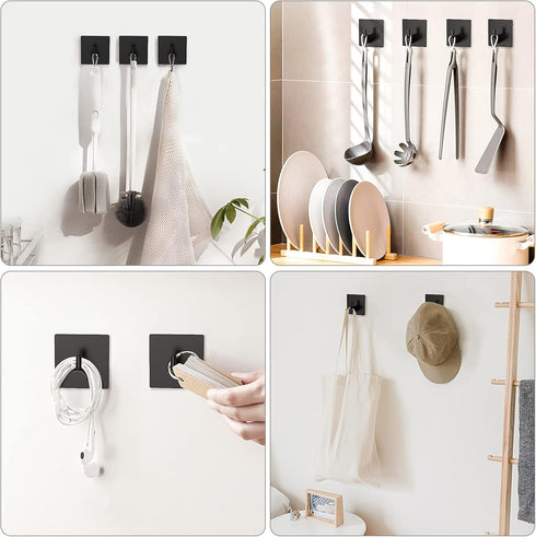 VIS'V Adhesive Hooks, Black Adhesive Towel Hooks Waterproof Self Adhesive Shower Wall Hooks Stainless Steel Stick on Hooks Heavy Duty Sticky Hooks...