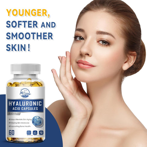 Nature's live Hyaluronic Acid Supplements, 850mg High Bioavailable Dietary Hyaluronic Acid Capsules, Double Strength Skin Hydration, Joint Lubrica...