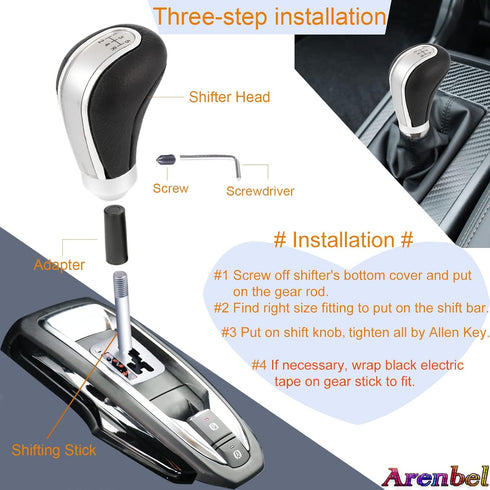 Arenbel 5 Speed Leather Gear Stick Lever Type R Shift Handle Car Shifter Knob Replacement Fit Most Manual Vehicles, Silver Black...