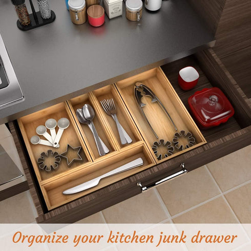 Utensil Organizer Silverware Drawer Organizer - Stackable Bamboo Flatware Caddy Cutlery Holder, Wooden Storage Boxes Tray for Bedroom,Office, Bath...
