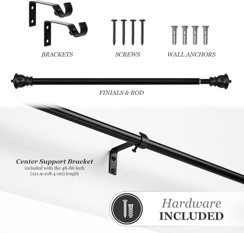 Kenney Kiera Crown Window Curtain Rod, Adjustable Curtain Rod for Windows 28 to 48 Inches, Extendable Curtain Rod Set, Matte Black Curtain Rod...